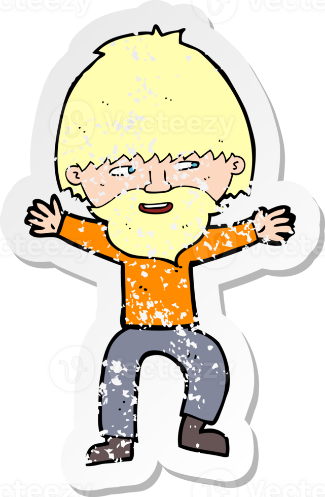 retro distressed sticker of a cartoon happy man with beard drawing png