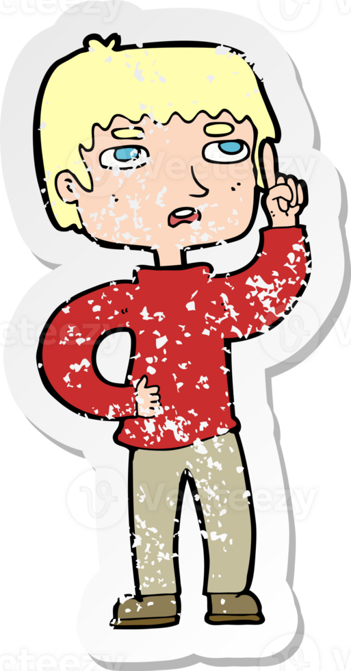 retro distressed sticker of a cartoon boy with question drawing png