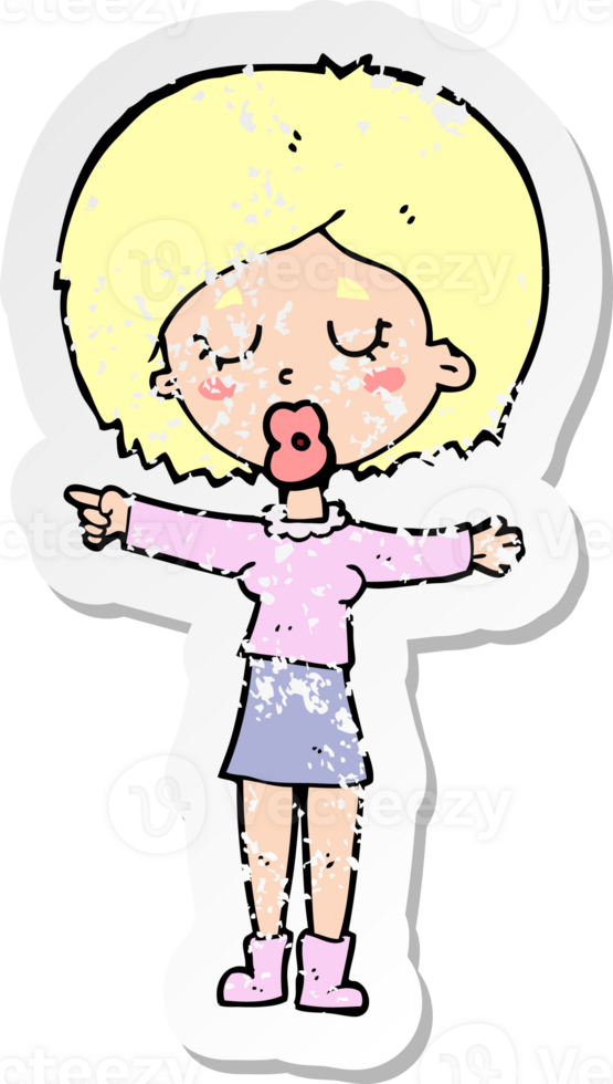 retro distressed sticker of a cartoon pointing woman drawing png