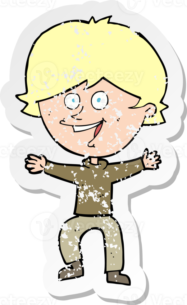 retro distressed sticker of a cartoon happy boy laughing drawing png