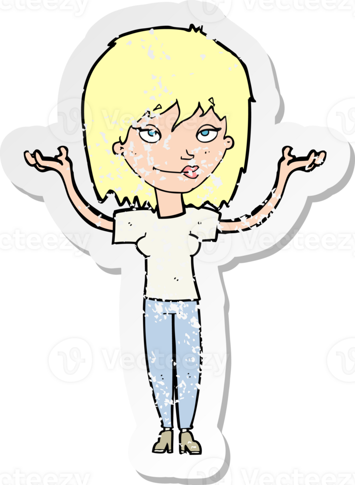 retro distressed sticker of a cartoon woman shrugging drawing png