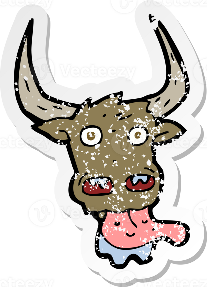 retro distressed sticker of a cartoon cow face drawing png