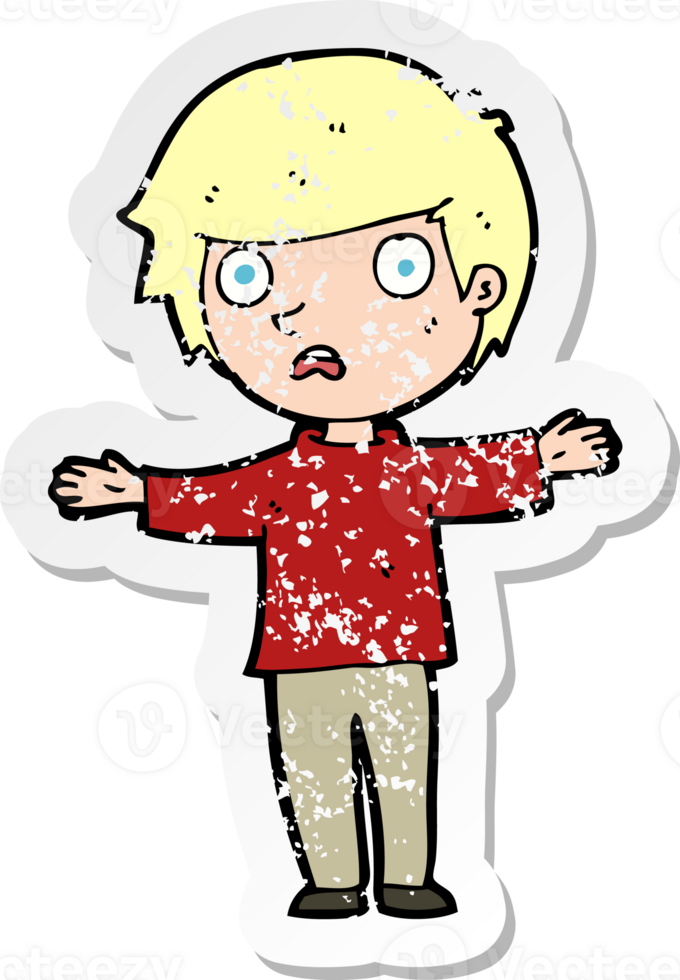 retro distressed sticker of a cartoon worried boy drawing png