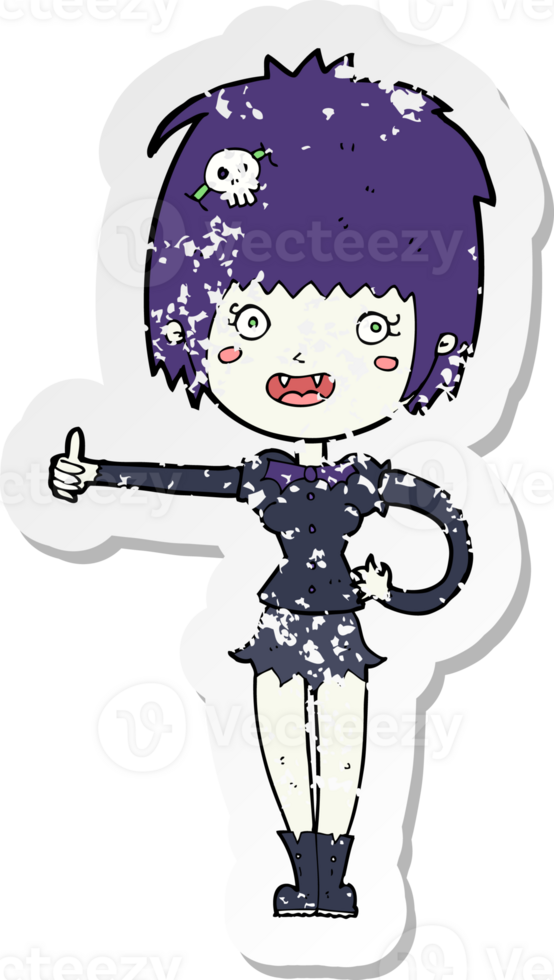 retro distressed sticker of a cartoon vampire girl giving thumbs up sign drawing png