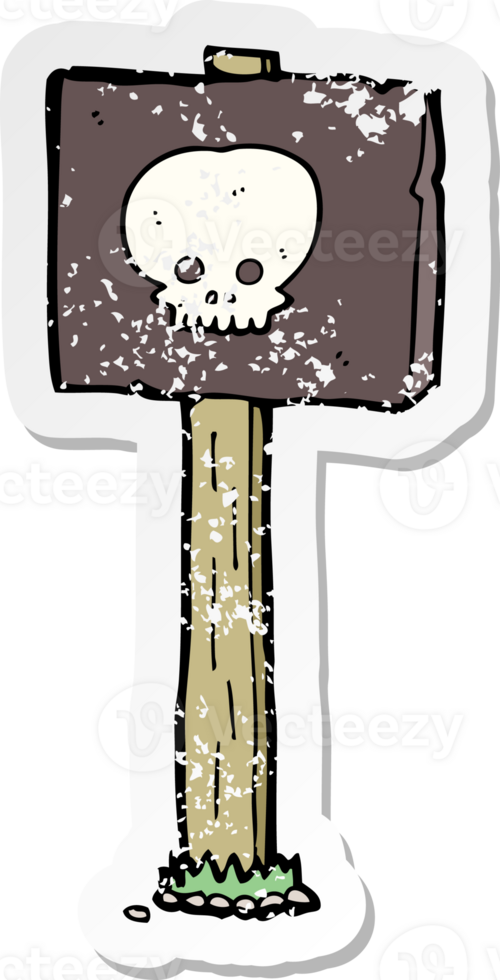 retro distressed sticker of a cartoon spooky skull signpost drawing png