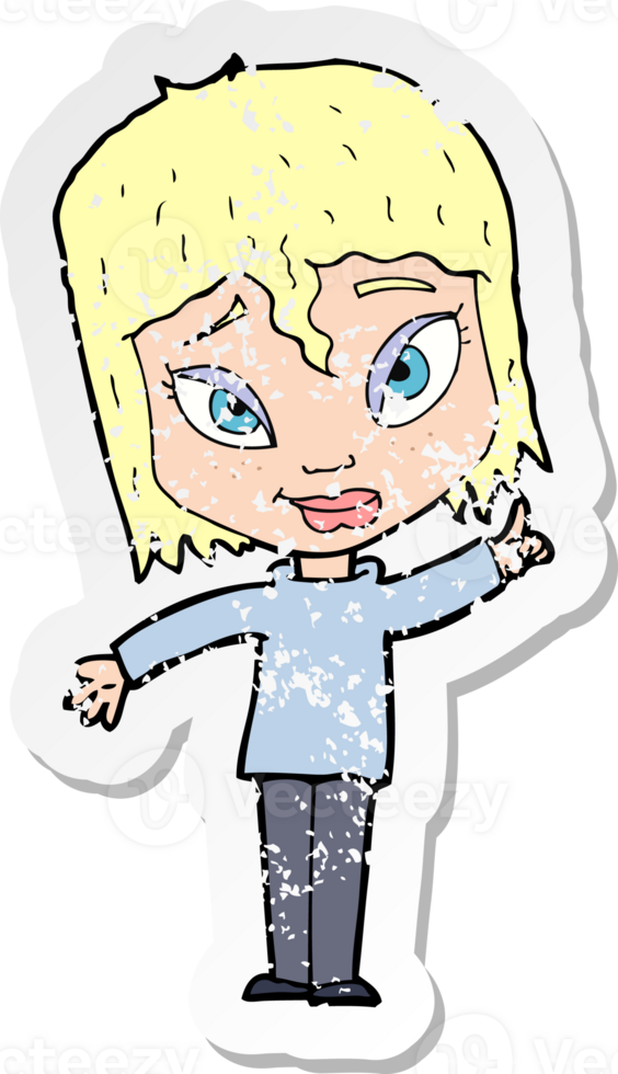 retro distressed sticker of a cartoon woman with idea drawing png