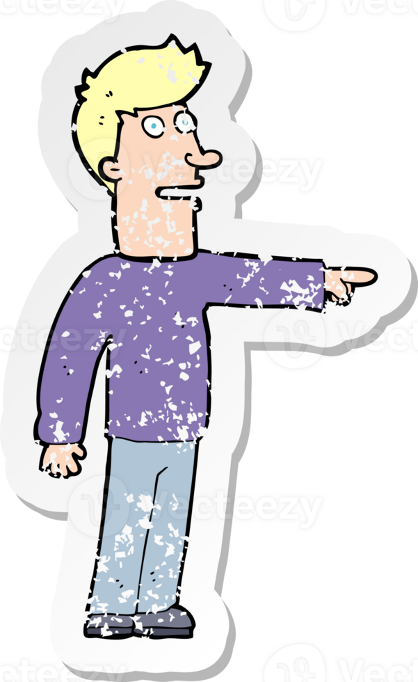 retro distressed sticker of a cartoon man pointing drawing png