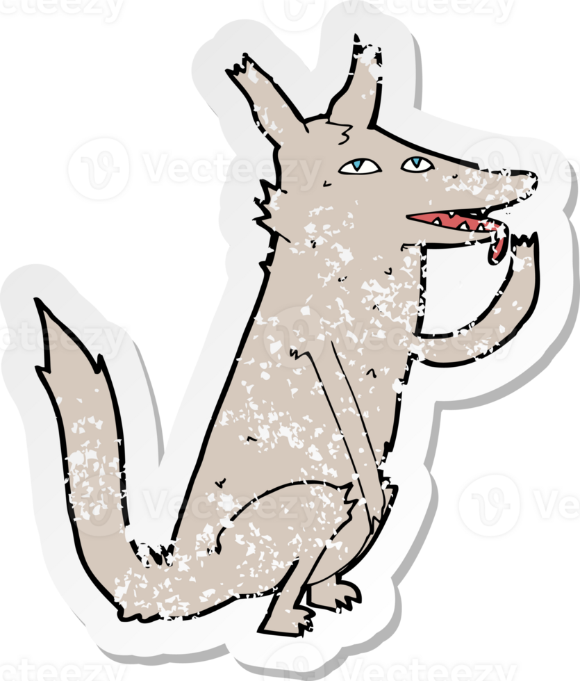 retro distressed sticker of a cartoon wolf licking paw drawing png