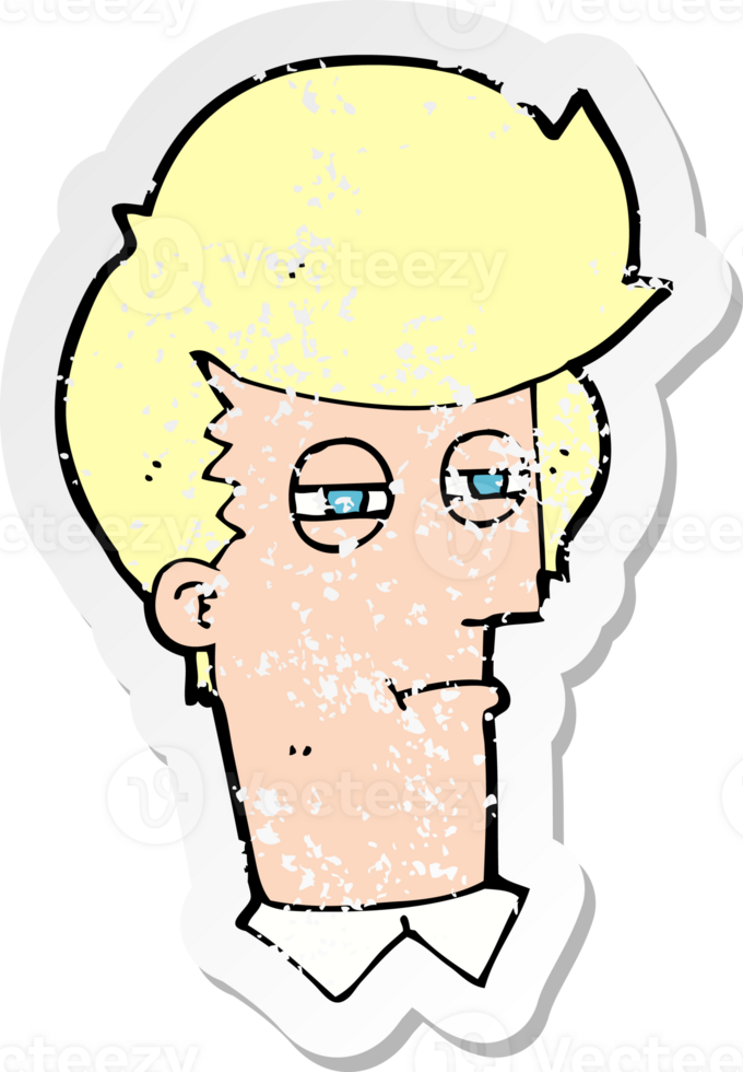 retro distressed sticker of a cartoon man with narrowed eyes drawing png