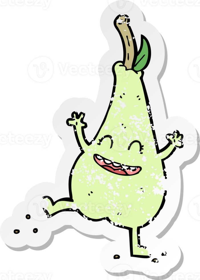 retro distressed sticker of a cartoon happy dancing pear drawing png