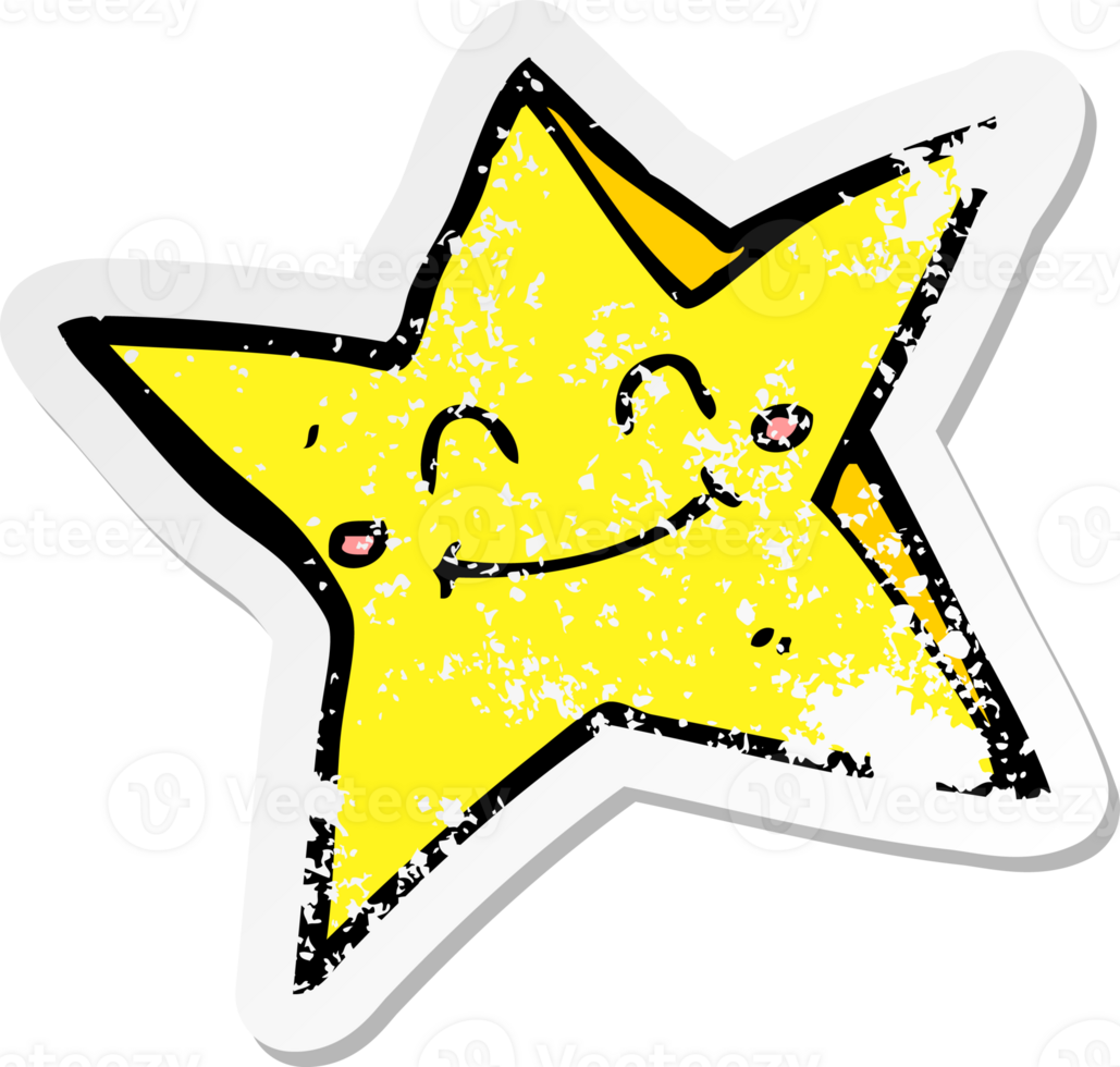 retro distressed sticker of a cartoon happy star character drawing png