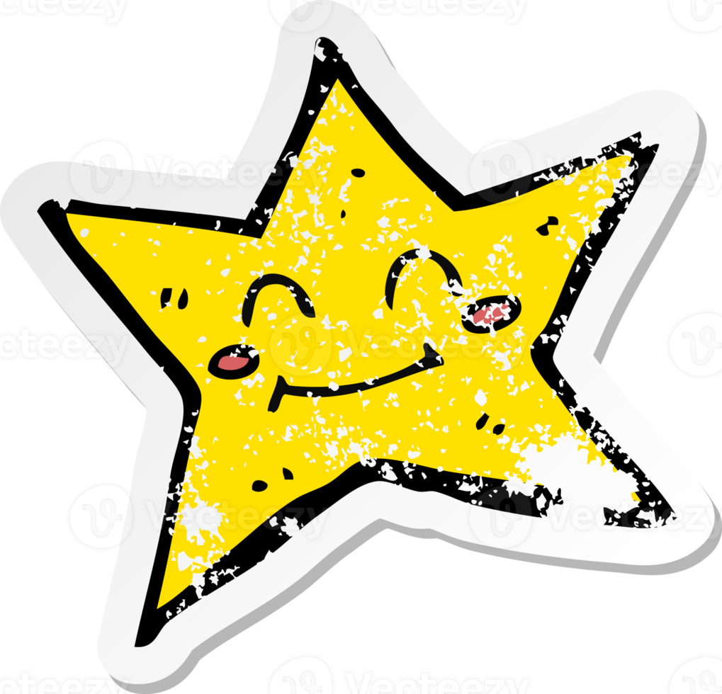retro distressed sticker of a cartoon star character drawing png