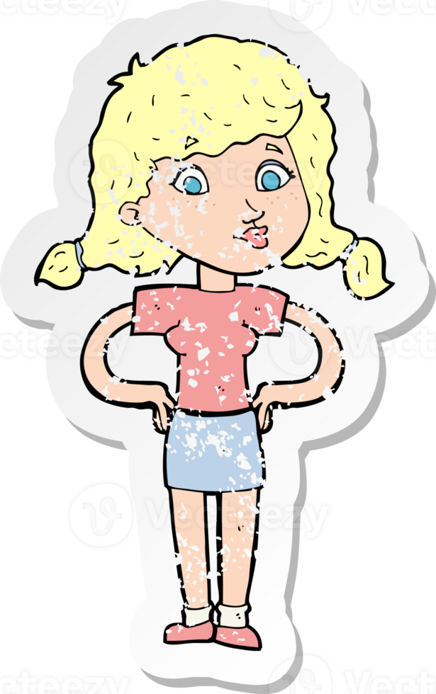 retro distressed sticker of a cartoon pretty girl with hands on hips drawing png
