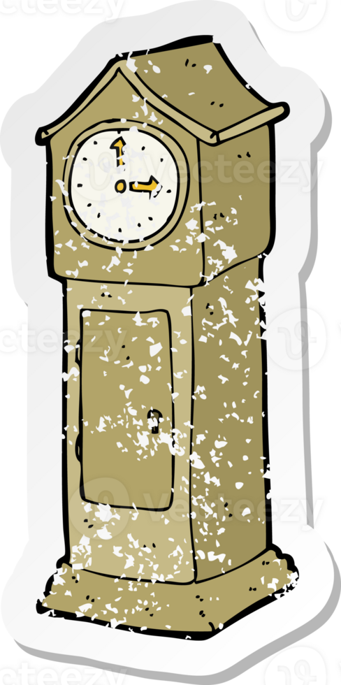 retro distressed sticker of a cartoon grandfather clock drawing png