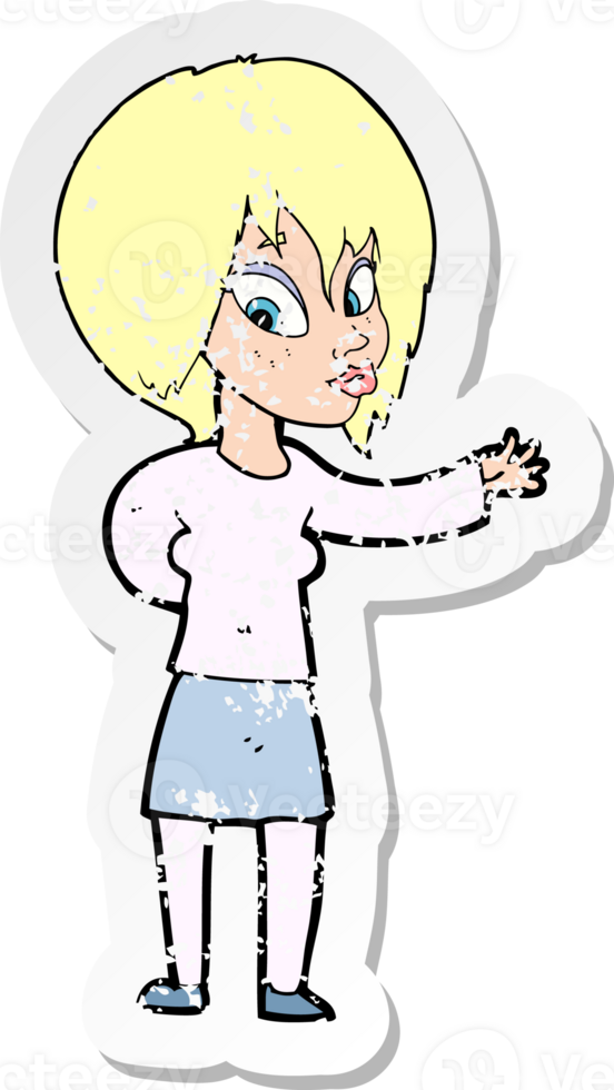 retro distressed sticker of a cartoon woman making welcome gesture drawing png