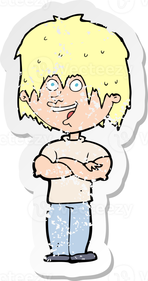 retro distressed sticker of a cartoon happy man drawing png