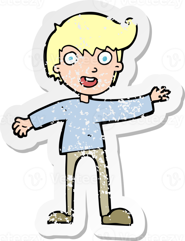 retro distressed sticker of a cartoon excited boy drawing png