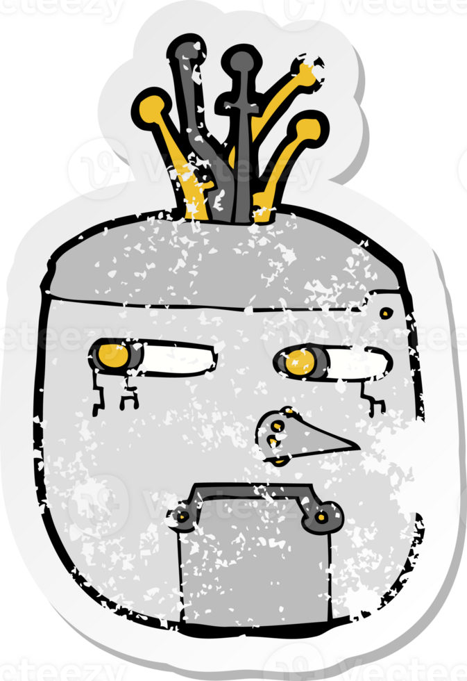 retro distressed sticker of a cartoon robot head drawing png