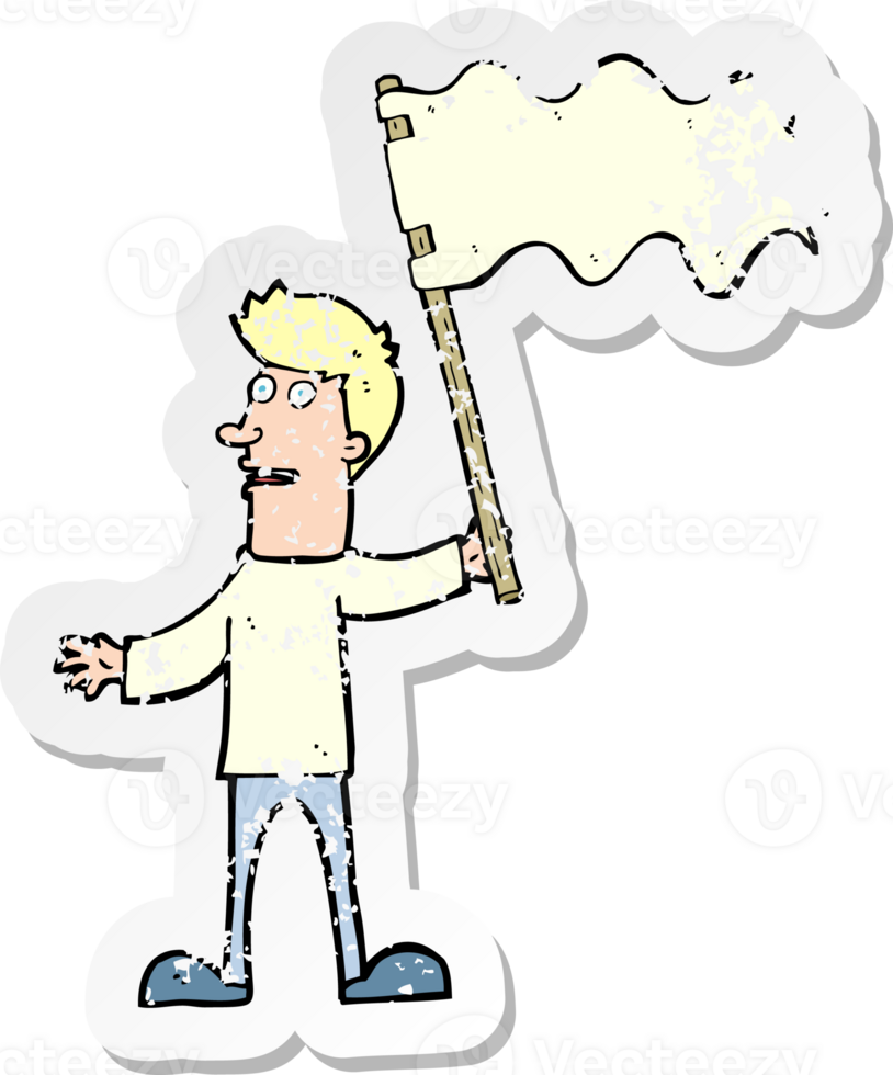 retro distressed sticker of a cartoon man waving white flag drawing png