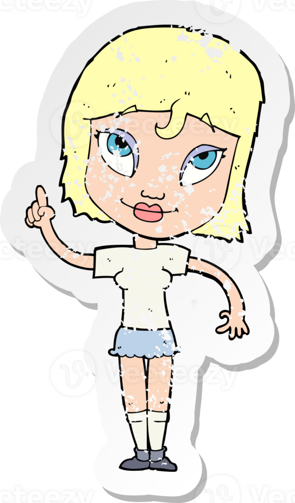 retro distressed sticker of a cartoon woman with idea drawing png
