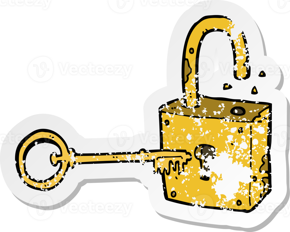 retro distressed sticker of a caroon rusty old padlock drawing png