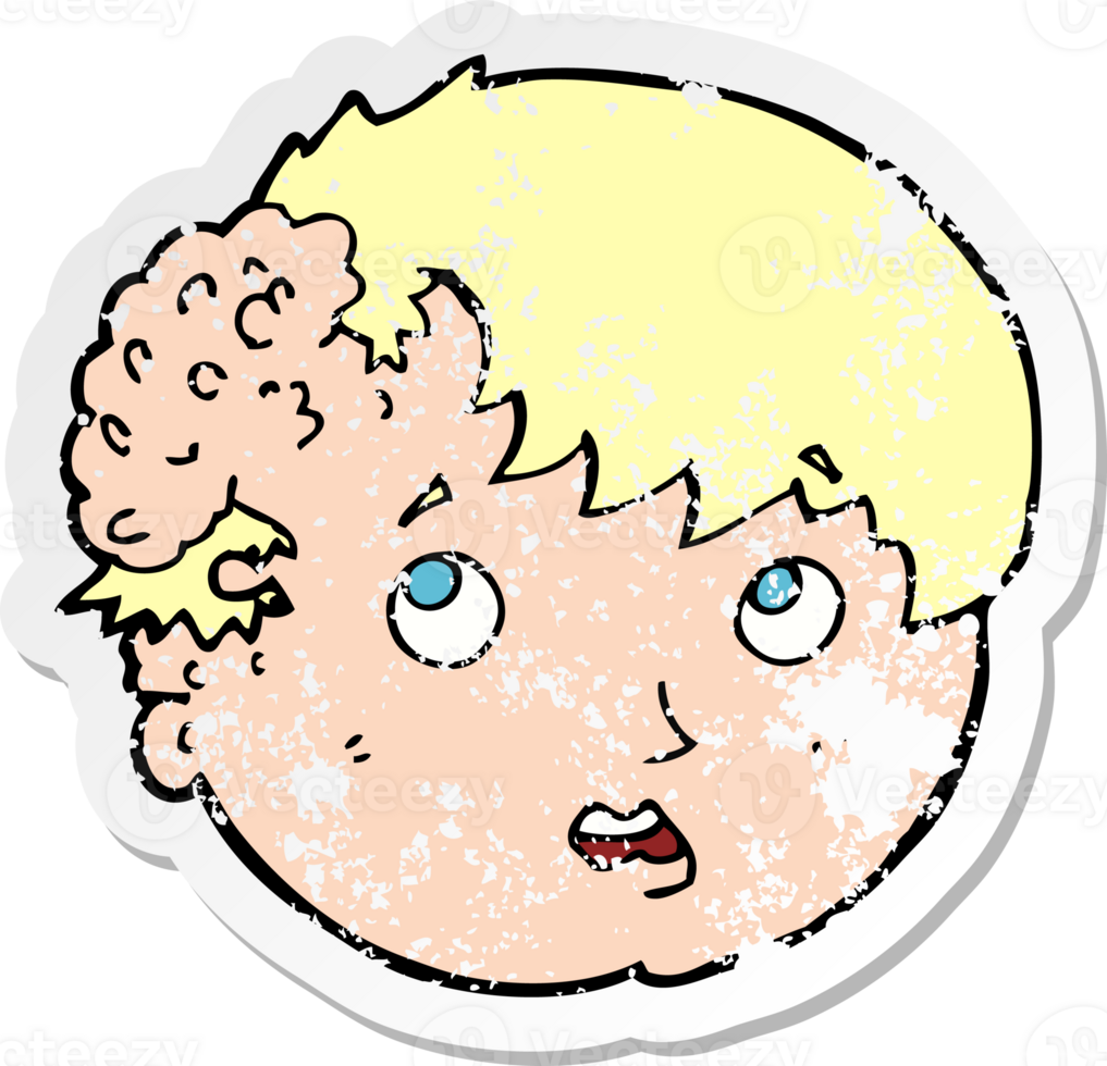 retro distressed sticker of a cartoon boy with ugly growth on head drawing png