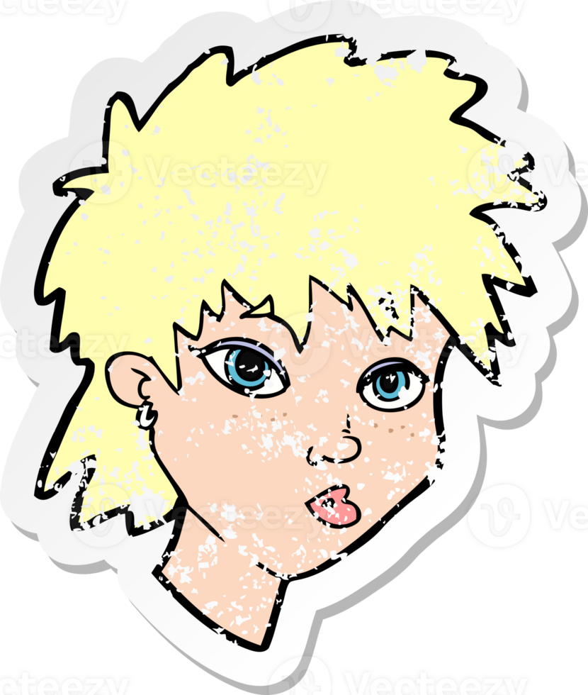 retro distressed sticker of a cartoon curious girl drawing png