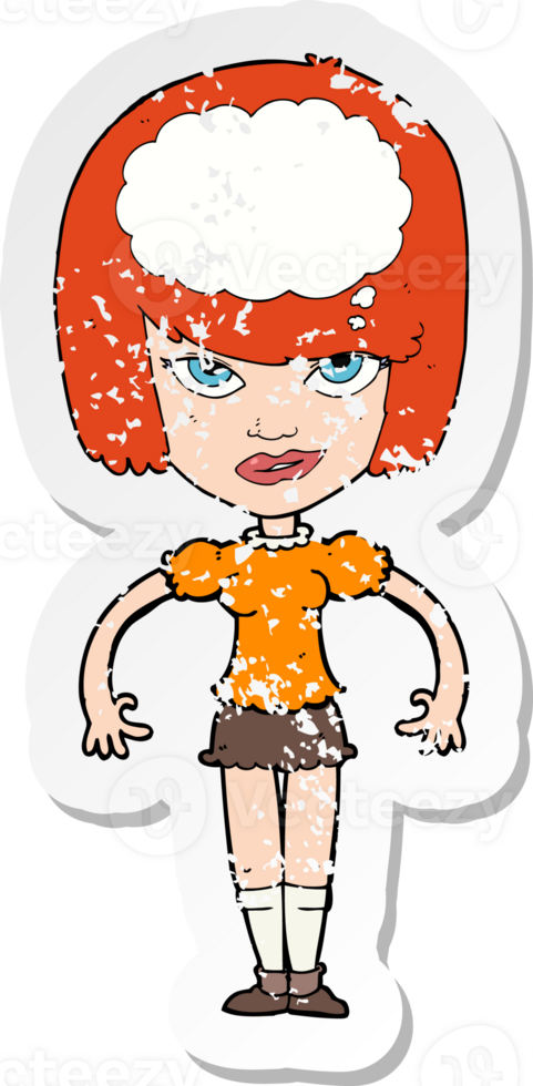 retro distressed sticker of a cartoon woman with idea drawing png