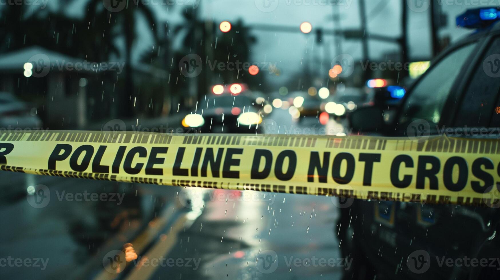Police line do not cross text on yellow tape in crime scene with police cars on the background. photo