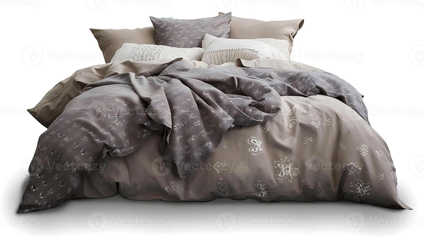 home comforter set on a bed with white and gray pillows photo