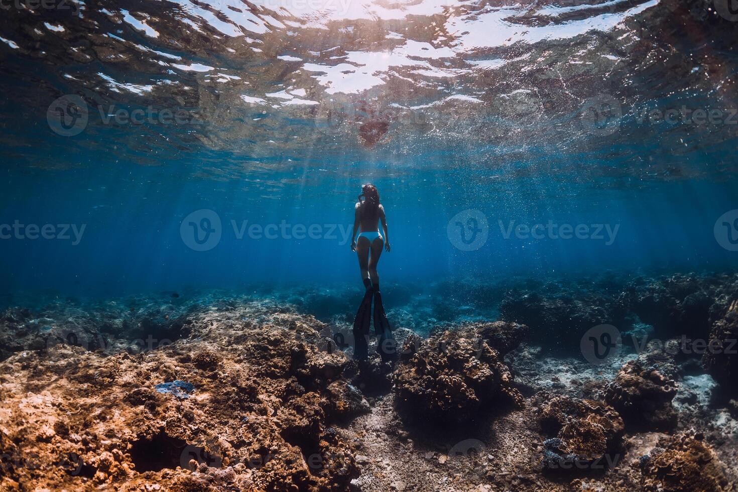 Woman freediver with fins glides underwater in sea photo