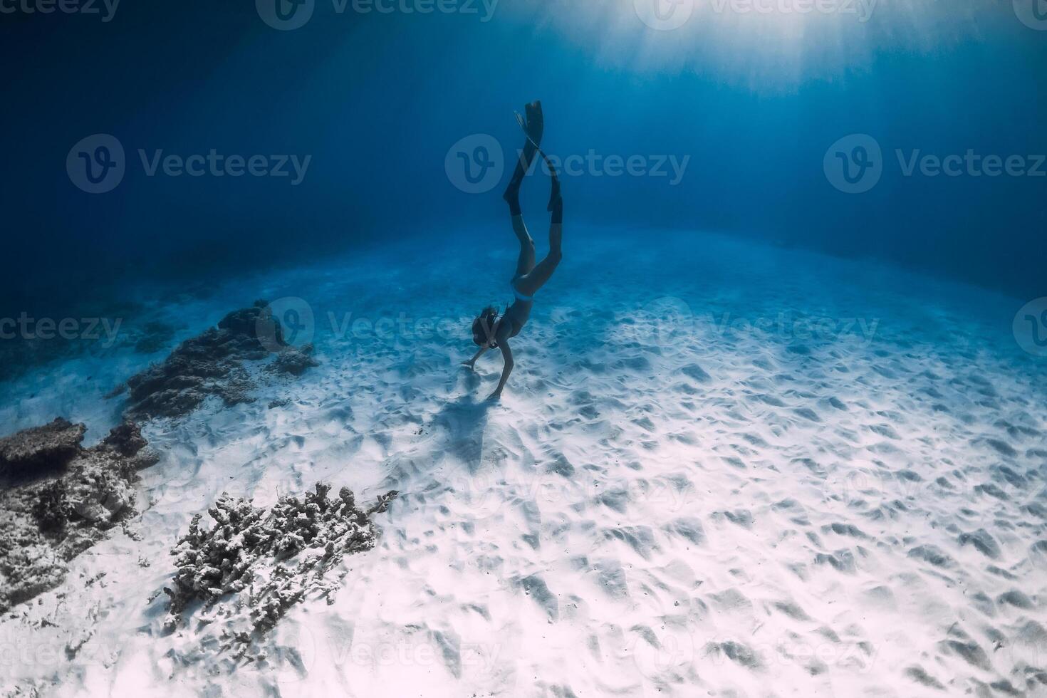 Freediver woman with fins swim underwater in sea. photo