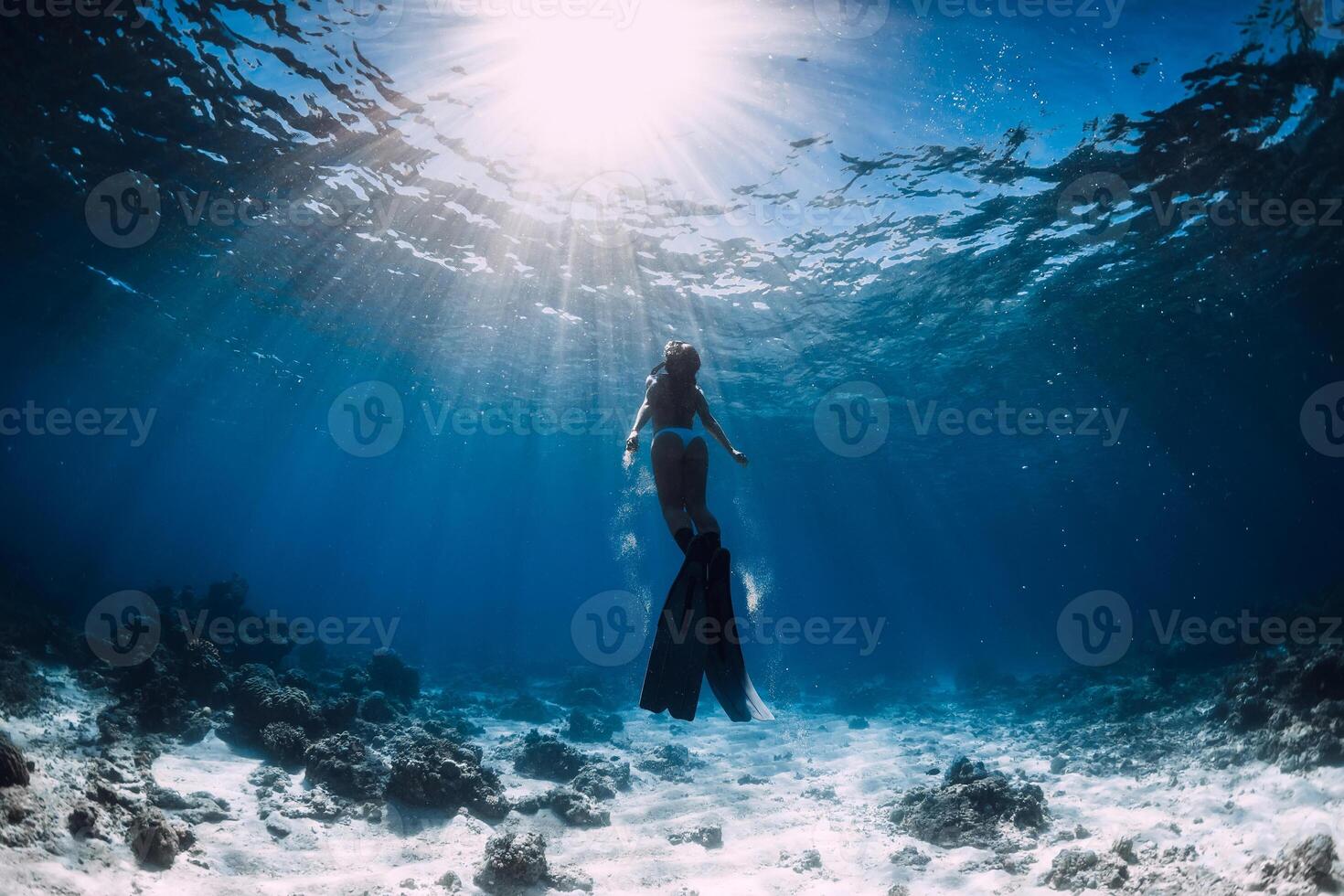 Woman freediver with fins dive in underwater ocean photo