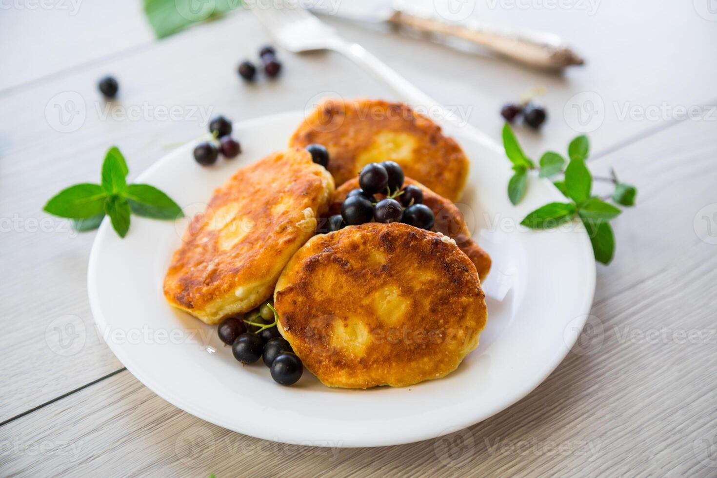 Fried curd cheese pancakes with black currants, on a wooden table photo