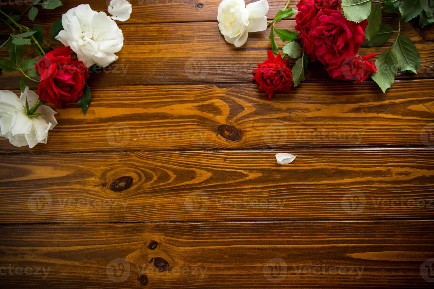 beautiful background of many red roses on a dark wooden background photo