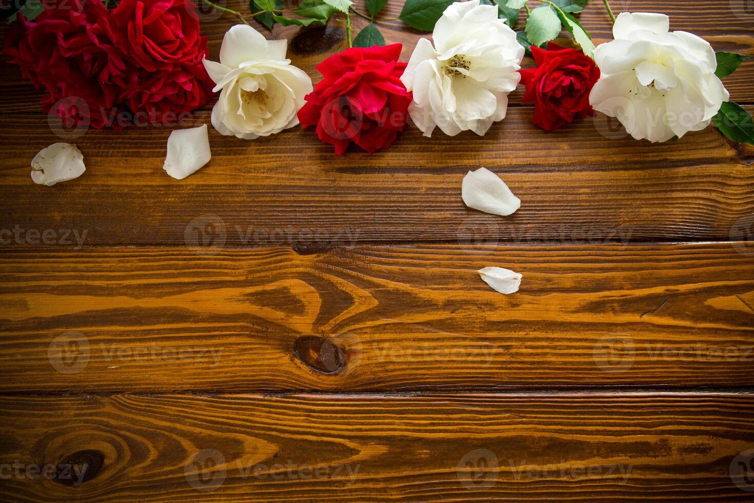 beautiful background of many red roses on a dark wooden background photo