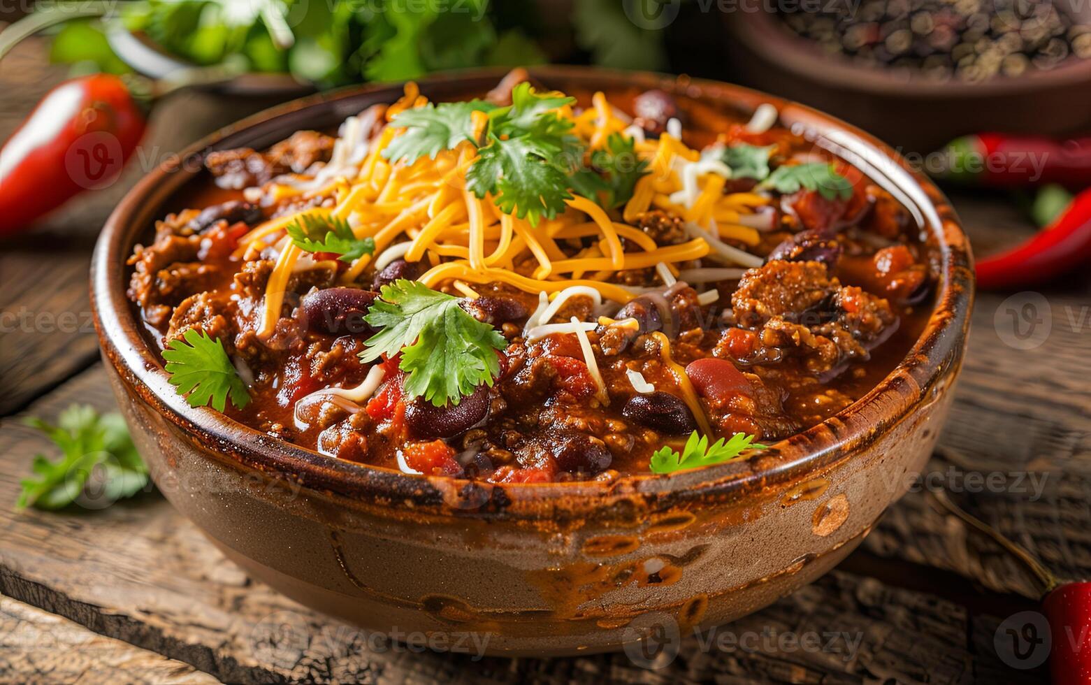 A Hearty Bowl of Leftover Turkey Chili With Cheese and Cilantro on a Rustic Table photo