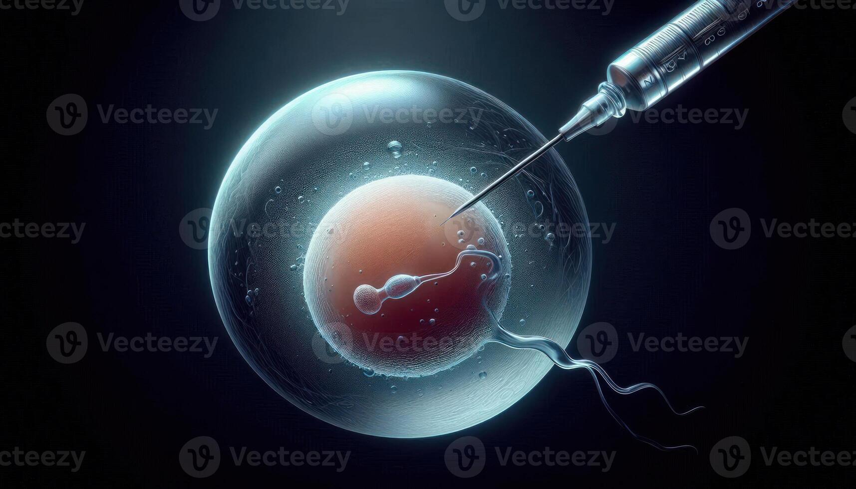 closeup of a human egg being injected with a single sperm using a fine glass needle IVF medical procedure involving in vitro fertilization photo