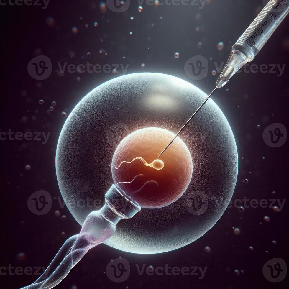 close-up of a human egg being injected with a single sperm using a fine glass needle IVF medical procedure involving in vitro fertilization photo