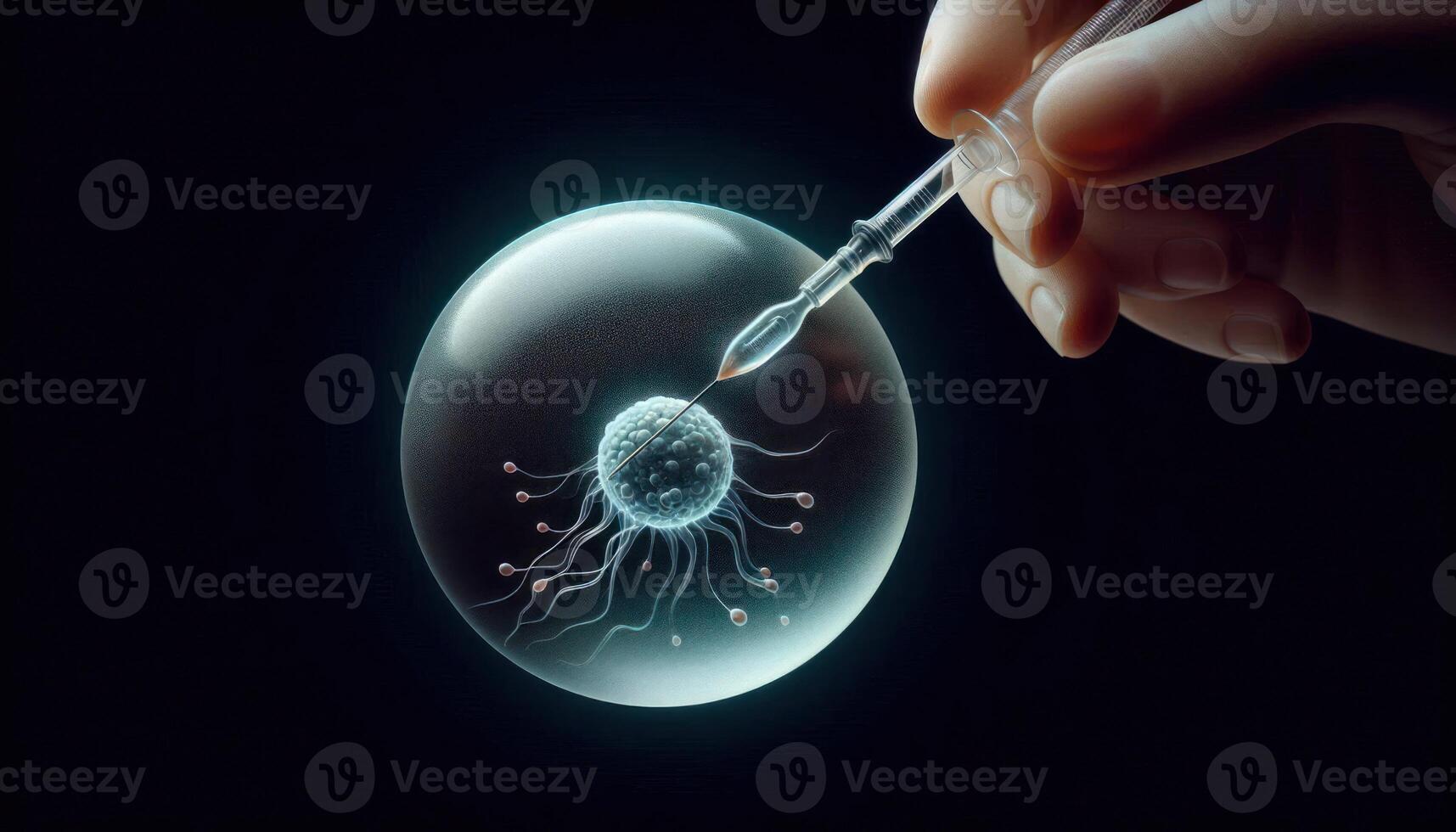 closeup of a human egg being injected with a single sperm using a fine glass needle IVF medical procedure involving in vitro fertilization photo