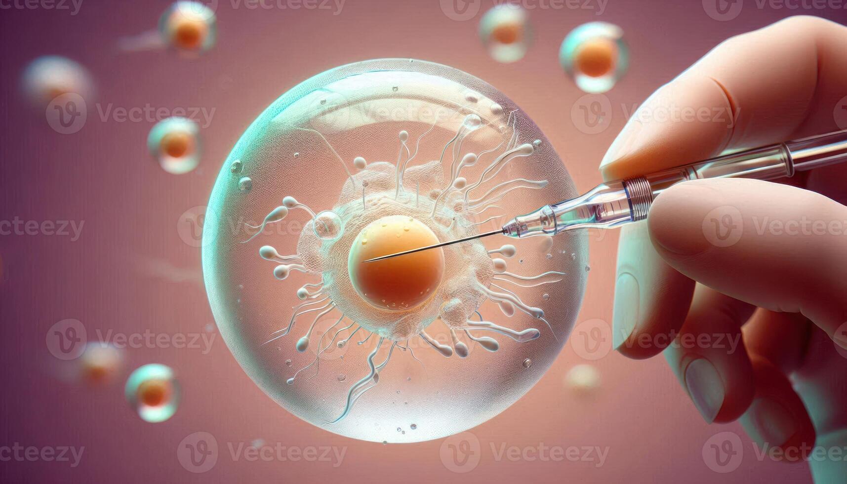 closeup of a human egg being injected with a single sperm using a fine glass needle IVF medical procedure involving in vitro fertilization photo
