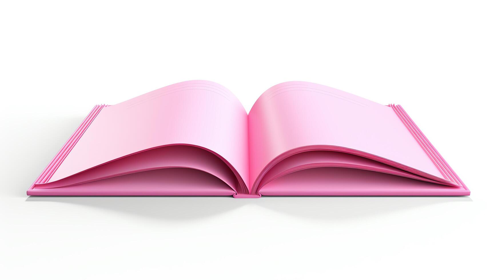 Elegant 3D rendering of a pink book open to a blank page, its pages slightly curved, showcasing a realistic look and feel, isolated against a white backdrop for clear visibility. photo