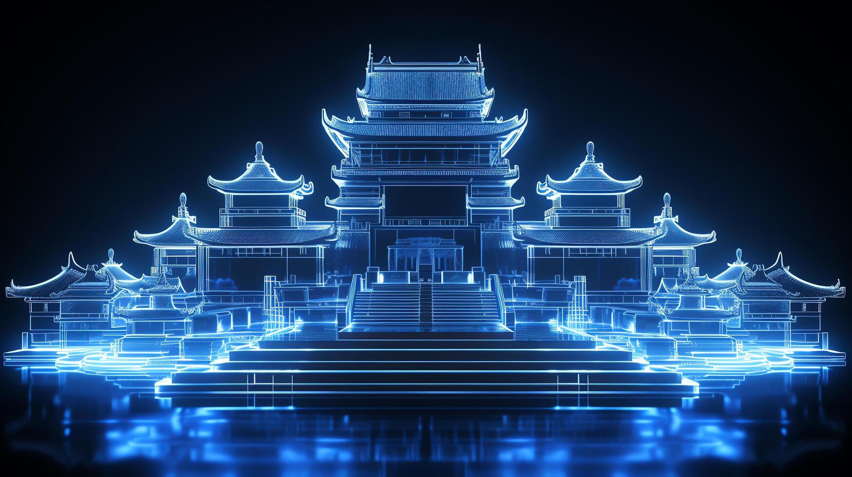 A glowing blue ancient Chinese palace with intricate details. The palace is surrounded by a tranquil reflecting pool, and the scene is set against a deep blue night sky. photo
