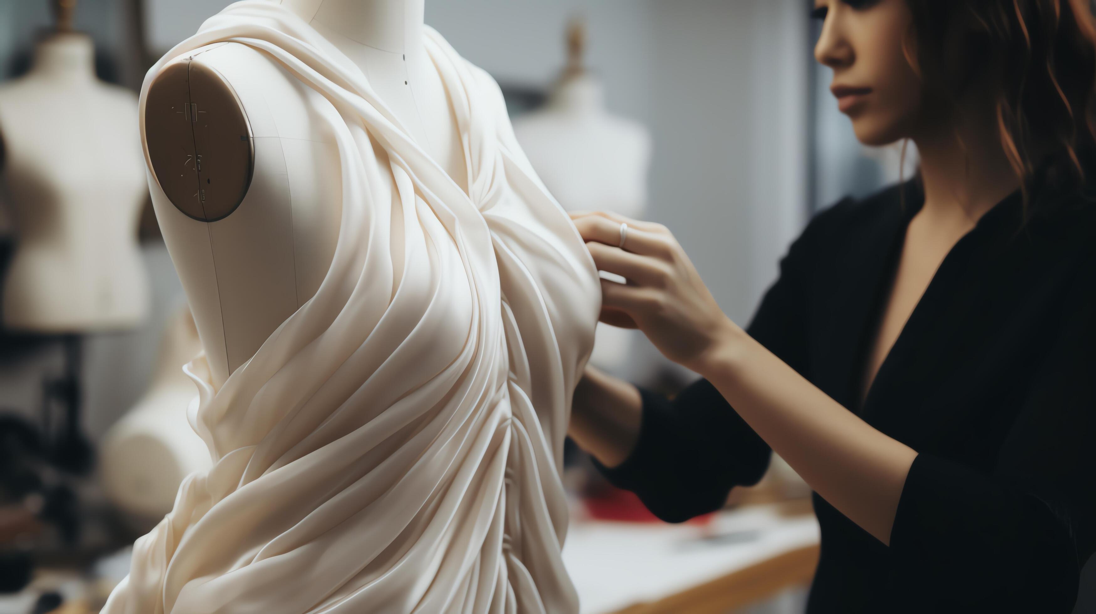 Closeup of a designer draping fabric on a mannequin, adjusting the fit