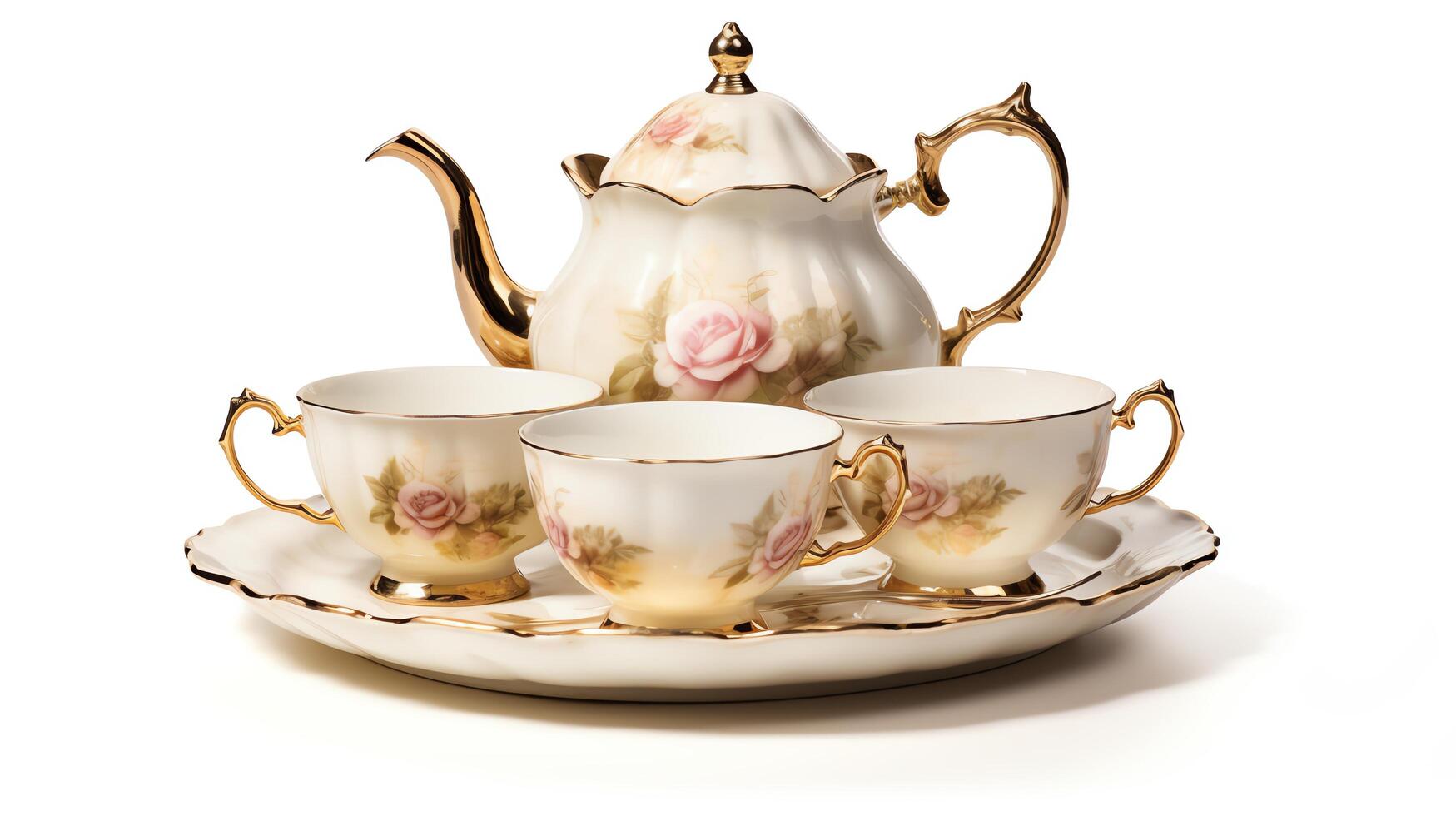 Detailed and artistic photo of an antique teapot set, including cups and saucers, arranged tidily on a pure white background, ideal for vintage retail marketing.