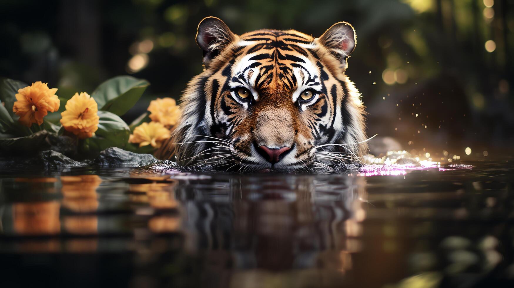 A stunning close-up portrait of a tiger, with water droplets on its fur, and a beautiful flower in the background photo