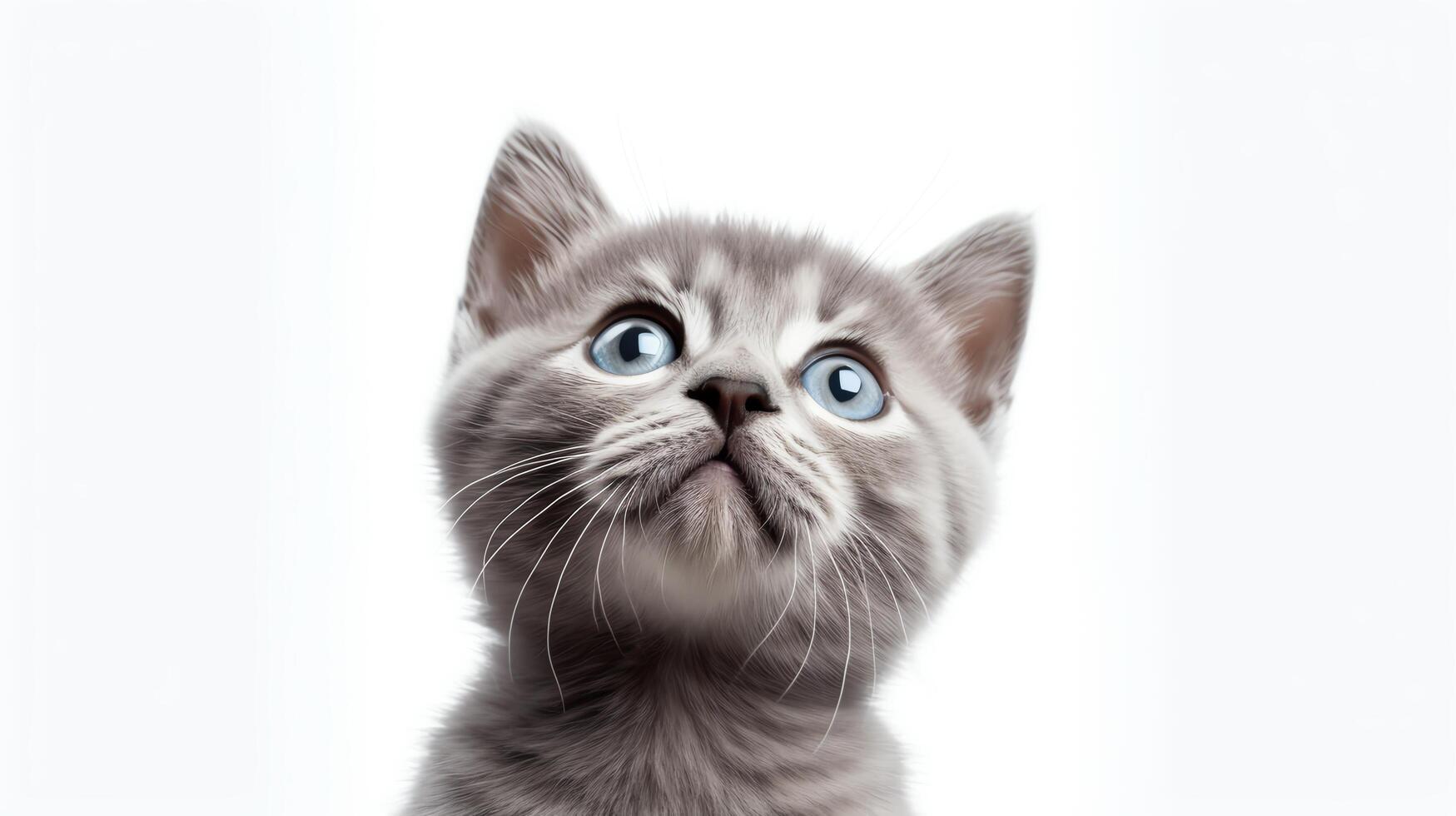 Heartwarming picture of a small grey kitten looking up with innocent eyes, sitting neatly on a white background, ideal for eliciting a warm, affectionate response. photo