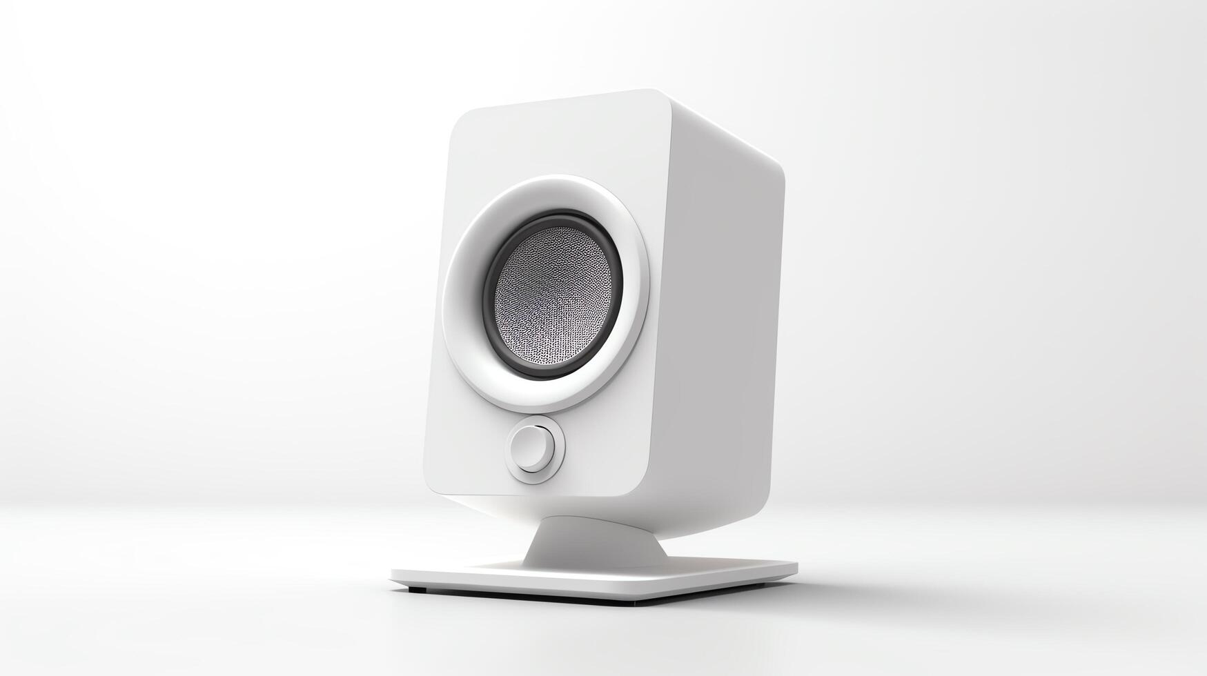 Minimalist image of a small desktop loudspeaker, designed for computer setups, showing subtle design elements and smooth contours, isolated on a white background for tech product c photo