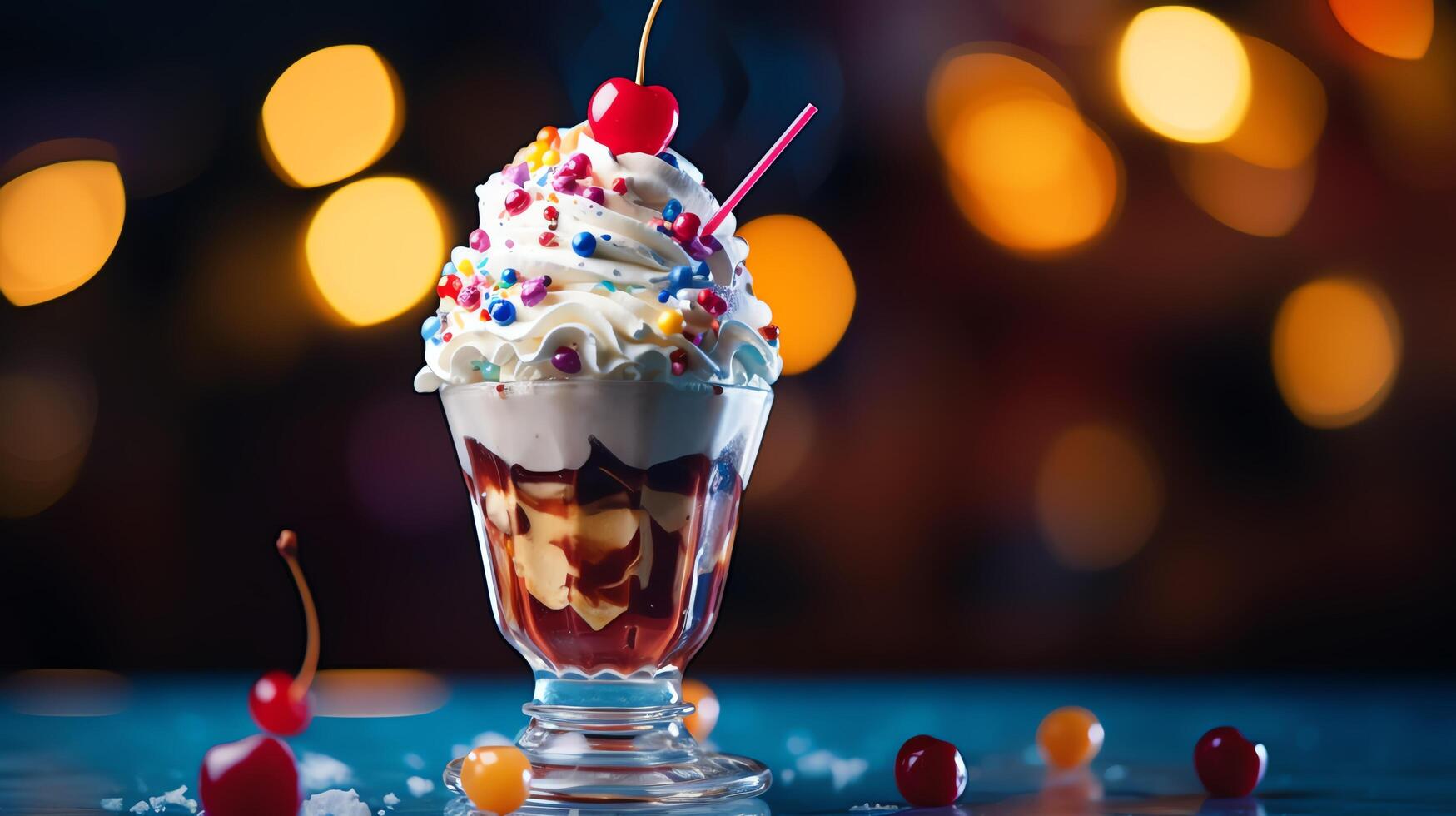 A delicious ice cream sundae with whipped cream, sprinkles, and a cherry on top. photo