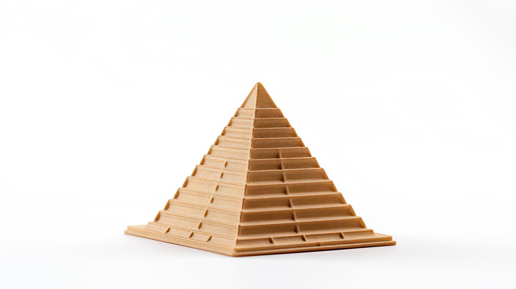 Detailed close-up of a miniature pyramid, symbolizing ancient Egyptian architecture, set against a pure white background with a soft shadow beneath. photo